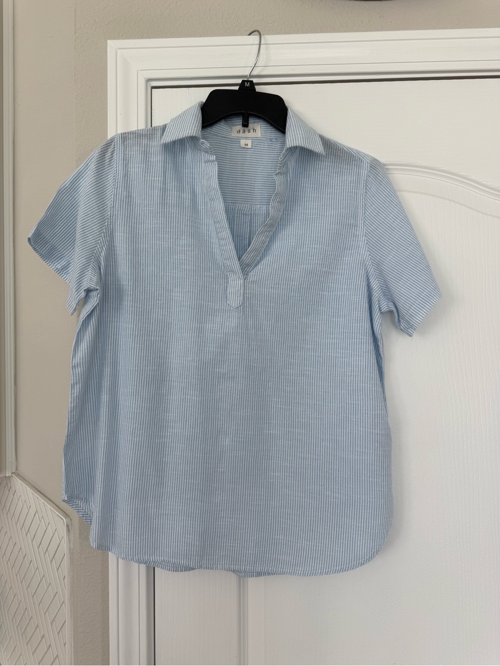 DASH Light Blue and White Pinstripe Short Sleeve Popover Shirt